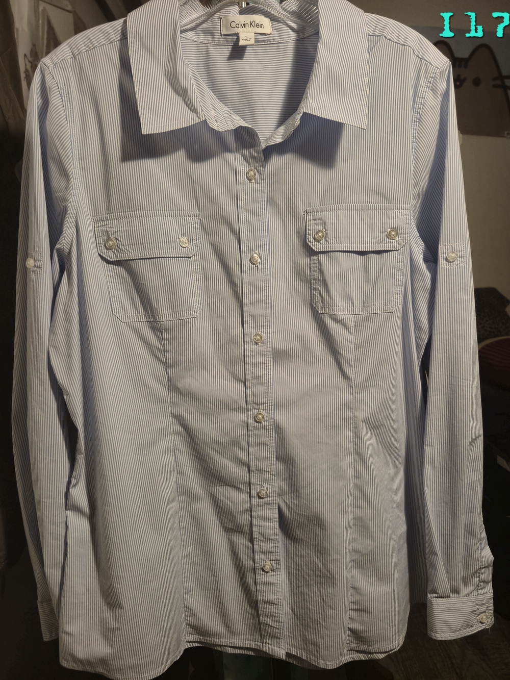 Womans Large Calvin Klein Light Blue Pinstripe Button-Down Blouse Shirt